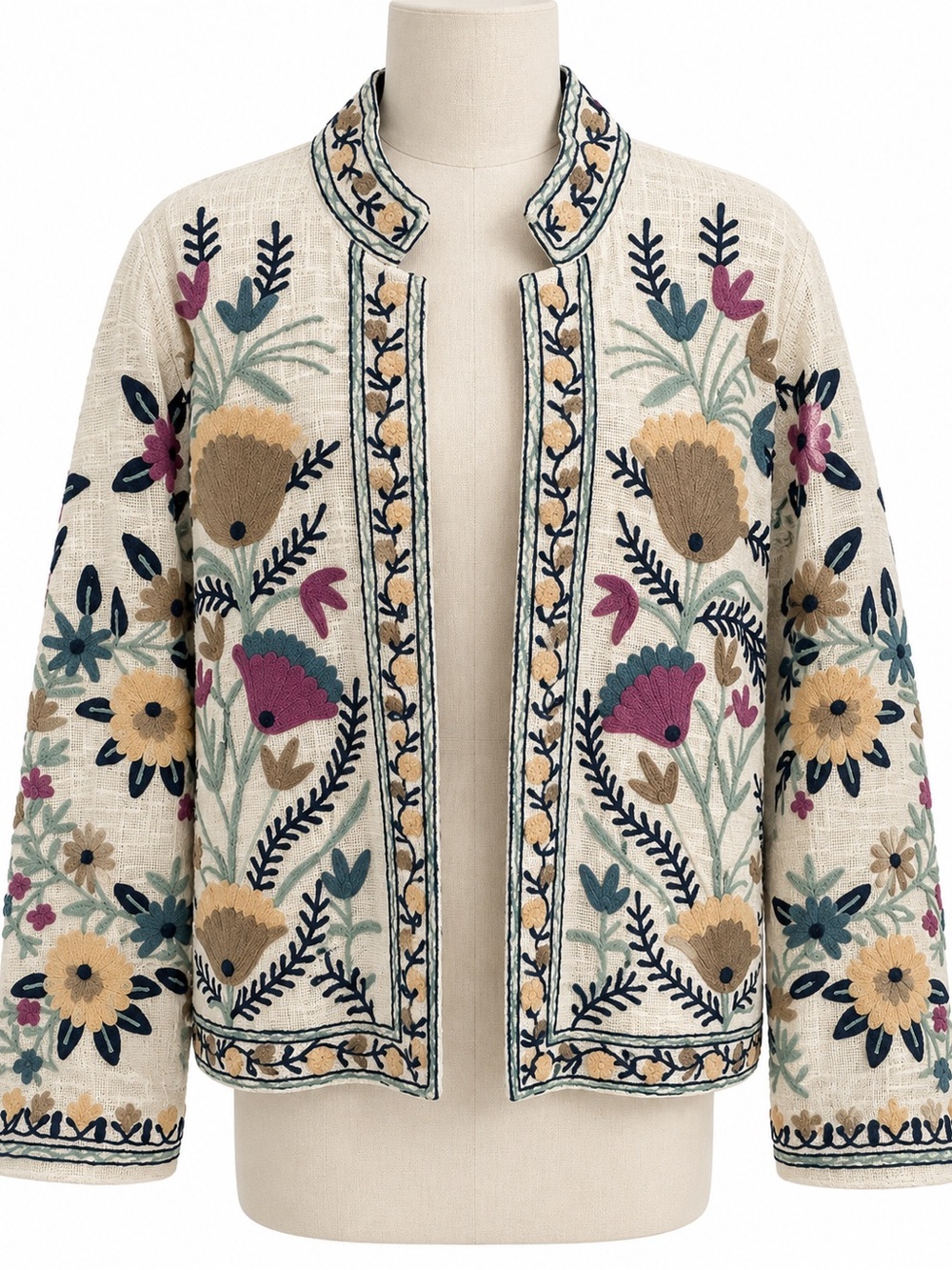 Embroidered Floral Cream Jacket Sweater